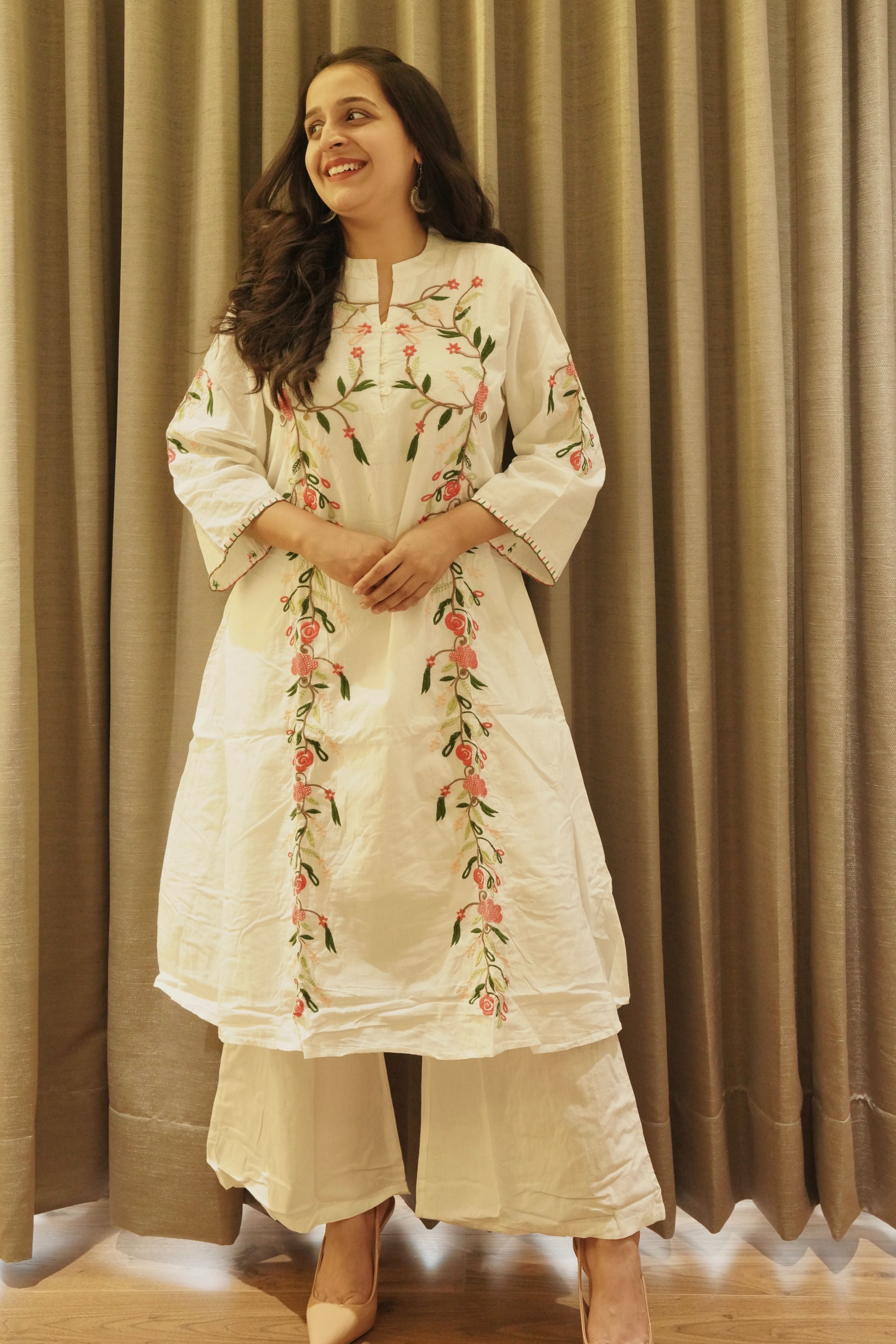 Ivory Bloom Embroidered Kurti Set - 1751607516HA8K