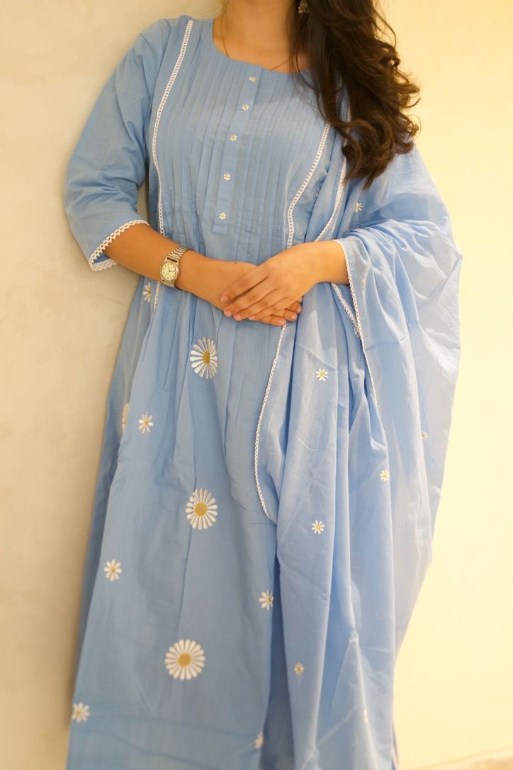 Daisy Sky Blue Kurti with Dupatta Set  - 1751608454PACG