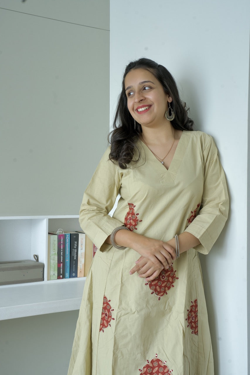 Noor Beige Embroidered Kurti Set