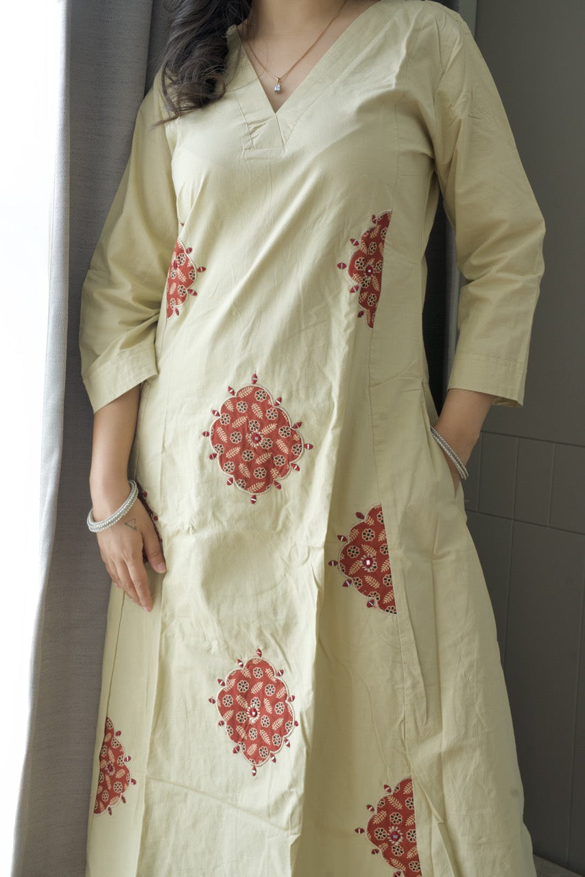 Noor Beige Embroidered Kurti Set