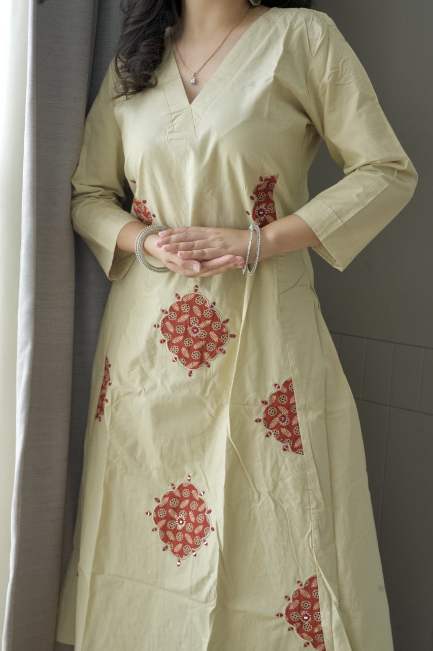 Noor Beige Embroidered Kurti Set