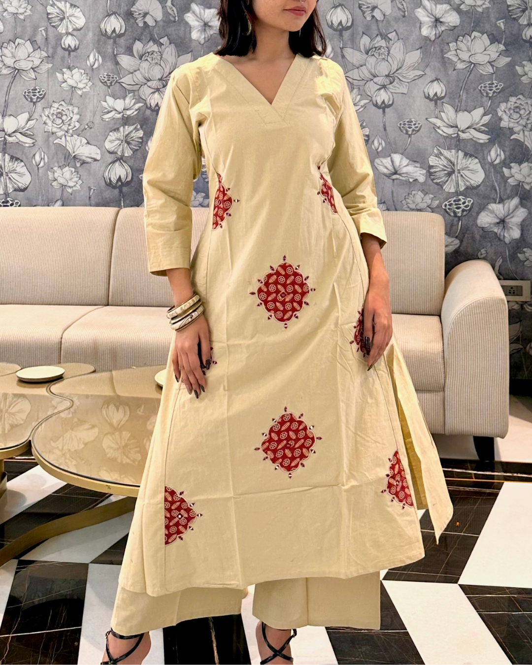 Noor Beige Embroidered Kurti Set