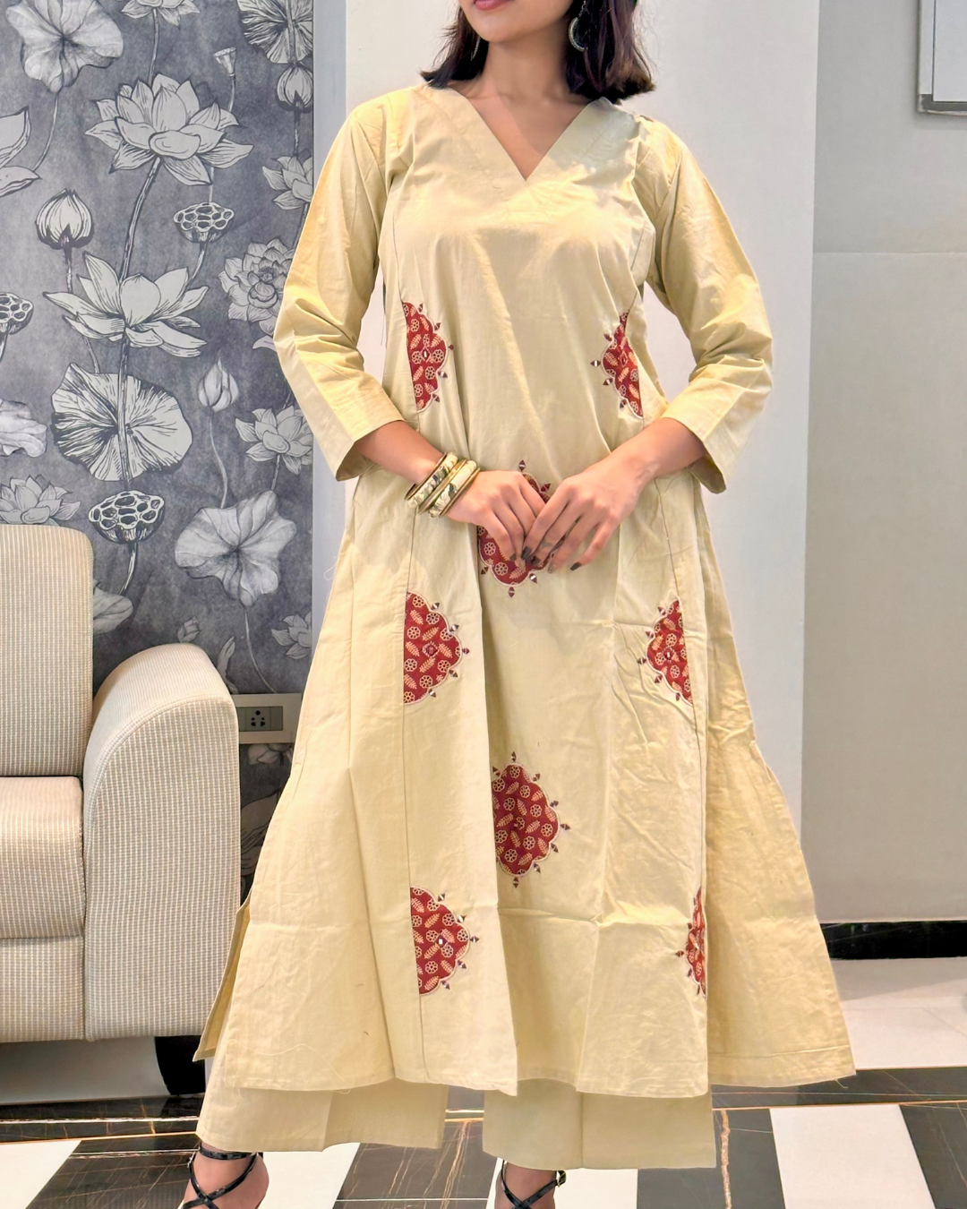 Noor Beige Embroidered Kurti Set