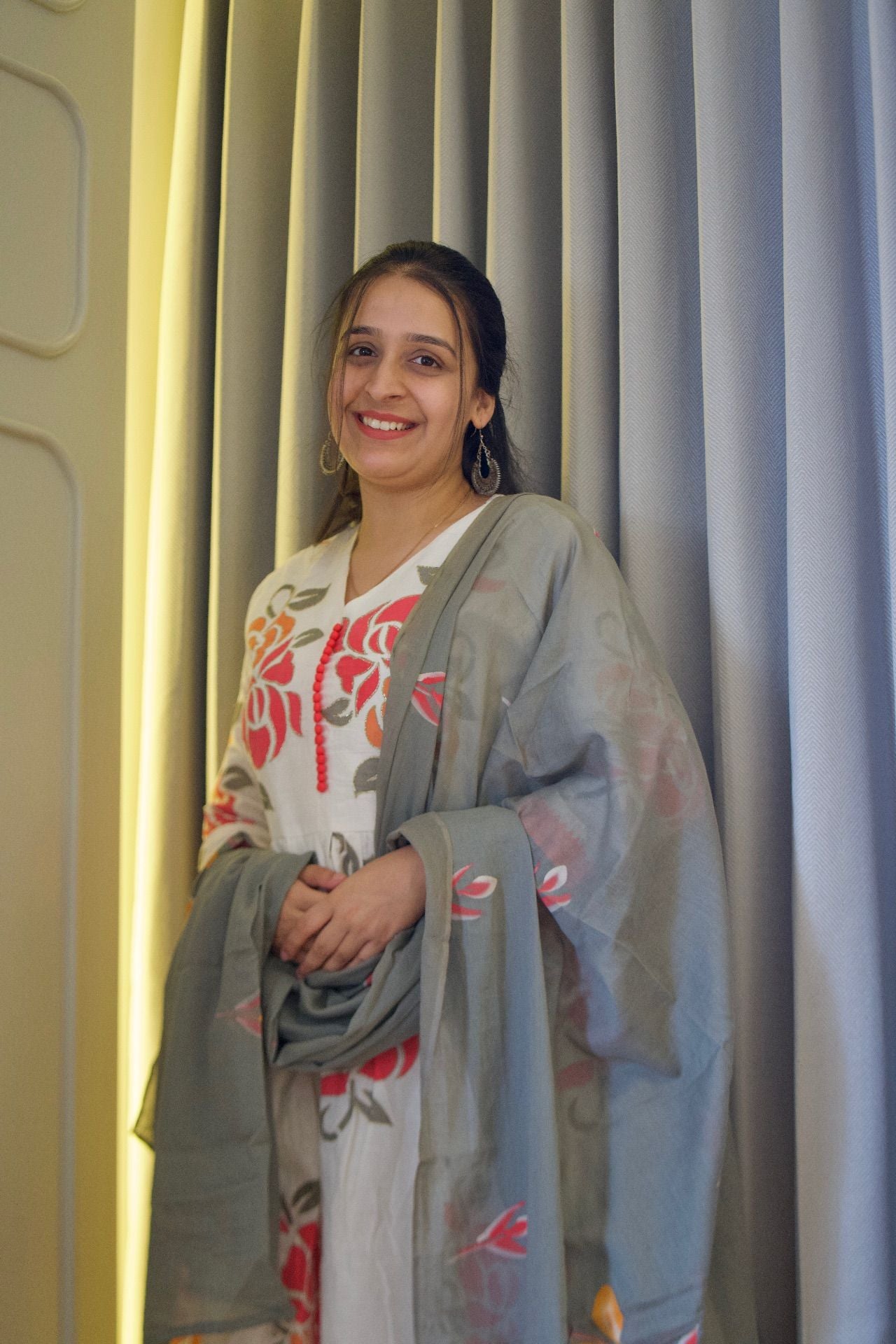 Nazm Ecru & Grey Kurti with Dupatta Set - 1751608413769J