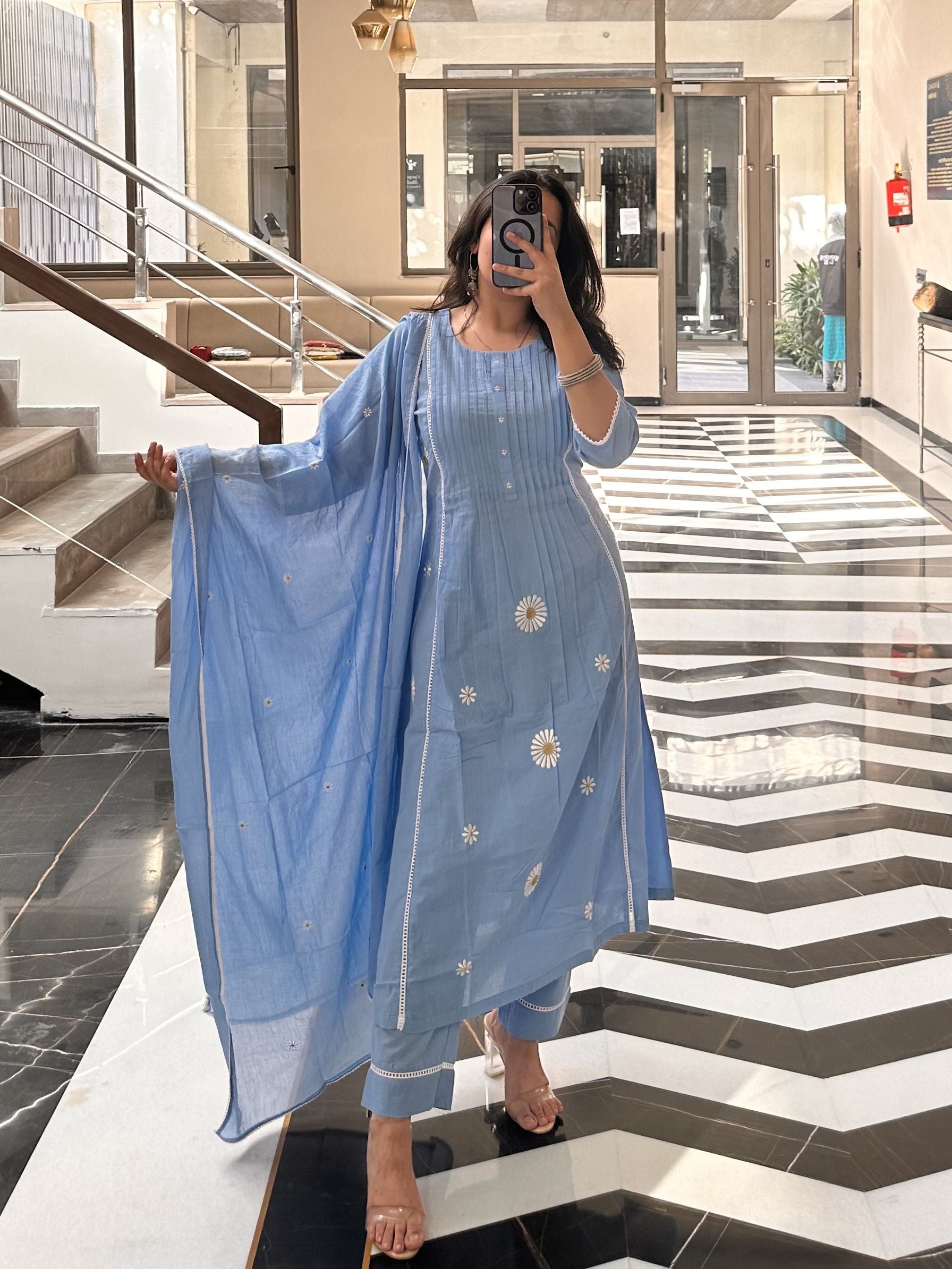 Daisy Sky Blue Kurti with Dupatta Set  - 1751608454PACG